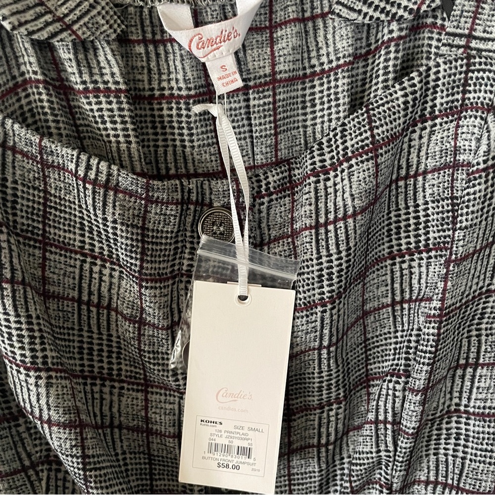 Candie's Size Small Gray Jumpsuit Plaid Wide Pants - Picture 7 of 9